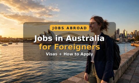 Jobs in Australia for foreigners — smiling worker in front of the Sydney Opera House and harbour skyline