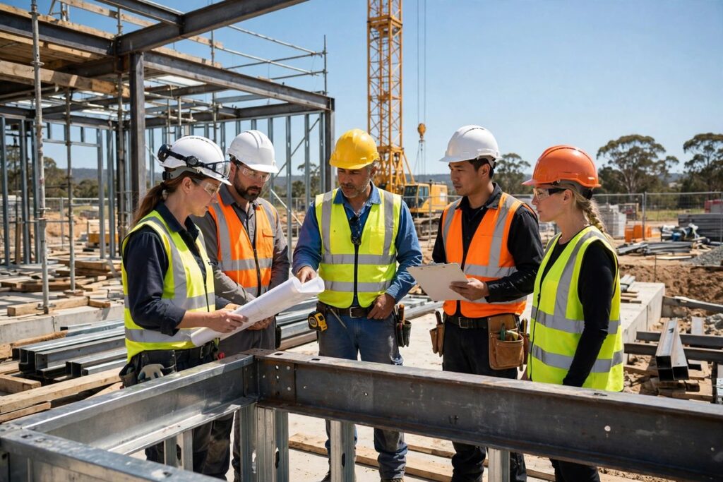 Construction trades team in safety gear working on an Australian building site