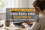 Person doing data entry jobs from home at a tidy desk with a laptop and spreadsheet