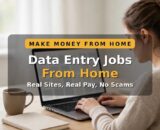 Person doing data entry jobs from home at a tidy desk with a laptop and spreadsheet