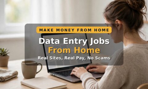Person doing data entry jobs from home at a tidy desk with a laptop and spreadsheet