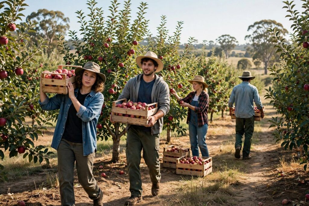 Young farm workers harvesting fruit in an Australian orchard as specified work