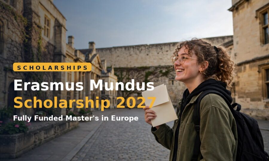 Student holding an Erasmus Mundus scholarship award letter in Europe
