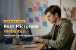 Worker doing micro tasks on a laptop at a home desk โ Best microtask websites
