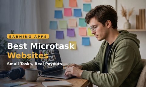 Worker doing micro tasks on a laptop at a home desk — Best microtask websites