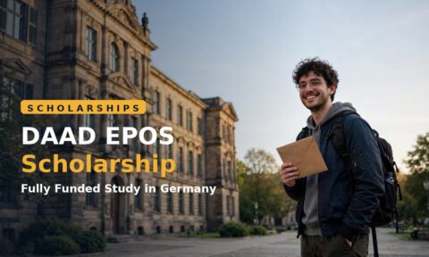 Student holding a DAAD EPOS scholarship award letter in front of a German university