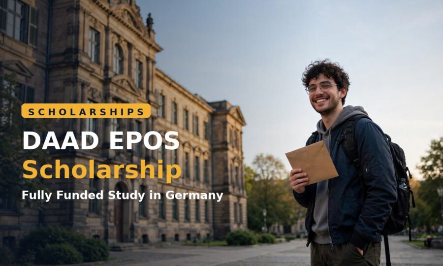 Student holding a DAAD EPOS scholarship award letter in front of a German university