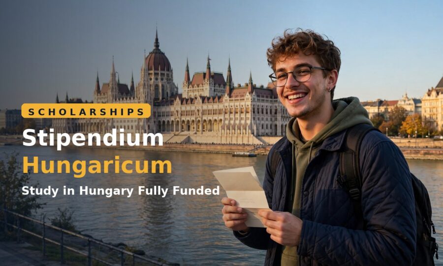 Student holding a Stipendium Hungaricum scholarship award letter in Budapest, Hungary