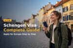 Traveler with a passport and Schengen visa in a European old-town square