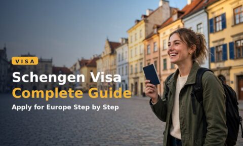 Traveler with a passport and Schengen visa in a European old-town square