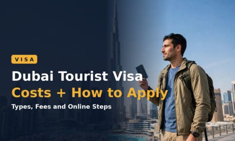 Traveller holding a passport in front of the Dubai skyline — Dubai tourist visa guide