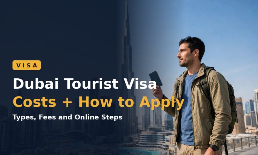 Traveller holding a passport in front of the Dubai skyline — Dubai tourist visa guide