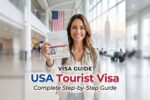 Traveler holding a passport with a USA tourist visa at an airport