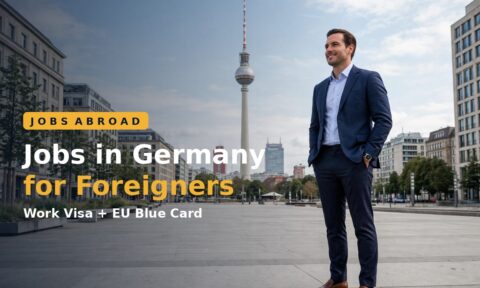 Professional man standing in Berlin with the TV tower behind him — jobs in Germany for foreigners work visa and EU Blue Card guide