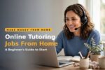 Tutor with a headset doing online tutoring jobs from home on a laptop