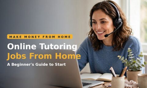 Tutor with a headset doing online tutoring jobs from home on a laptop
