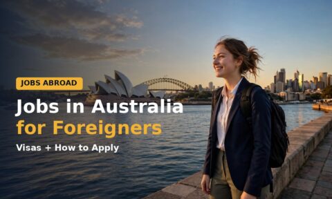Jobs in Australia for foreigners — smiling worker in front of the Sydney Opera House and harbour skyline