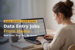 Person doing data entry jobs from home at a tidy desk with a laptop and spreadsheet