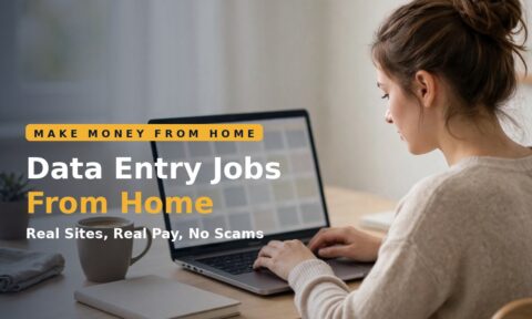 Person doing data entry jobs from home at a tidy desk with a laptop and spreadsheet