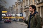 Traveller holding a passport near a London landmark applying for a UK visitor visa