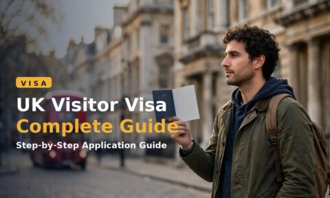 Traveller holding a passport near a London landmark applying for a UK visitor visa