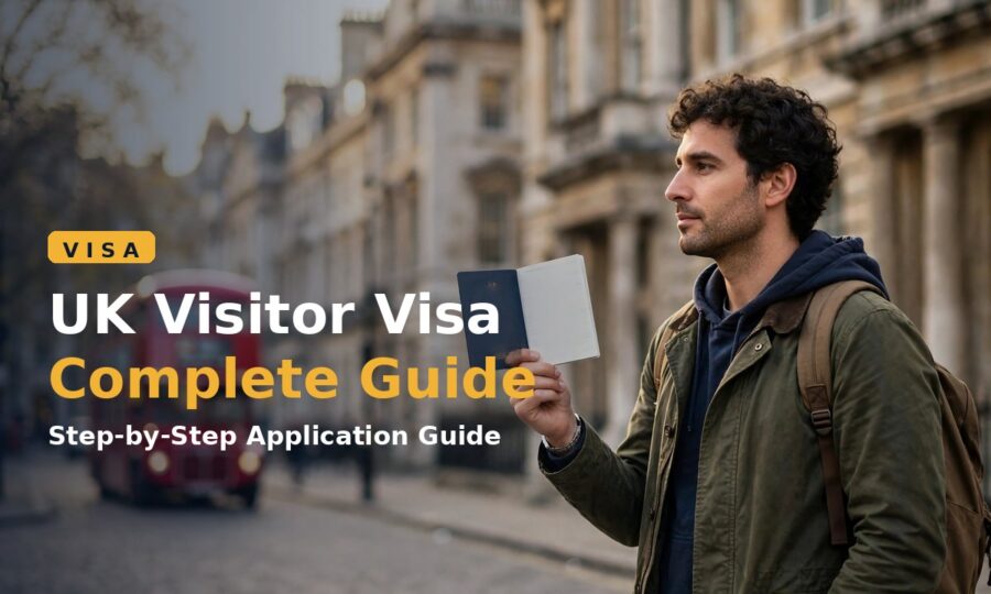 Traveller holding a passport near a London landmark applying for a UK visitor visa