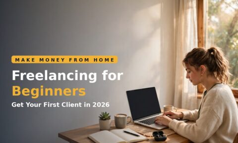 Freelancing for beginners: freelancer working on a laptop at a home desk