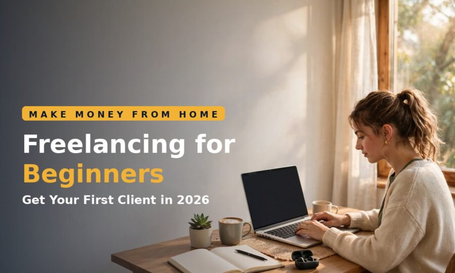 Freelancing for beginners: freelancer working on a laptop at a home desk