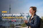 Traveller holding a passport in front of the Toronto skyline for a Canada visitor visa trip