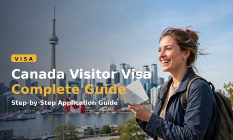 Traveller holding a passport in front of the Toronto skyline for a Canada visitor visa trip