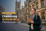 Student in front of a UK university building holding a Chevening scholarship guide
