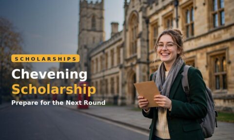 Student in front of a UK university building holding a Chevening scholarship guide