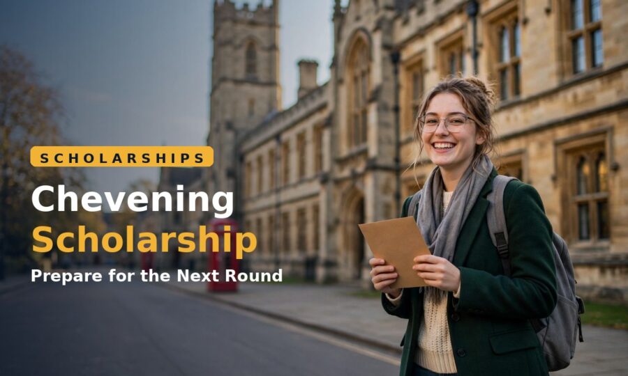 Student in front of a UK university building holding a Chevening scholarship guide