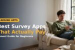 Person relaxing on a sofa at home using one of the best survey apps on a smartphone