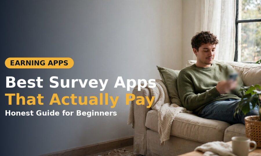 Person relaxing on a sofa at home using one of the best survey apps on a smartphone