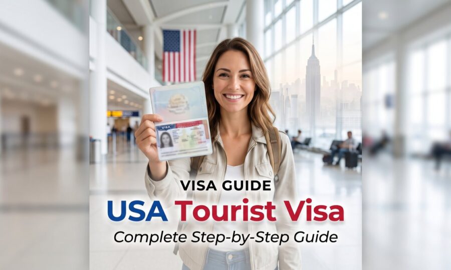 Traveler holding a passport with a USA tourist visa at an airport