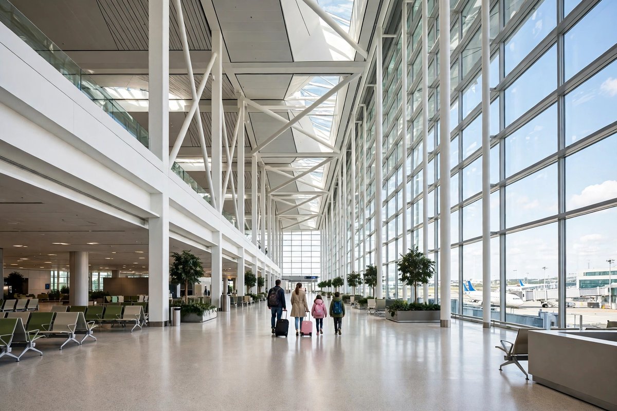 Family with suitcases arriving at a modern airport terminal