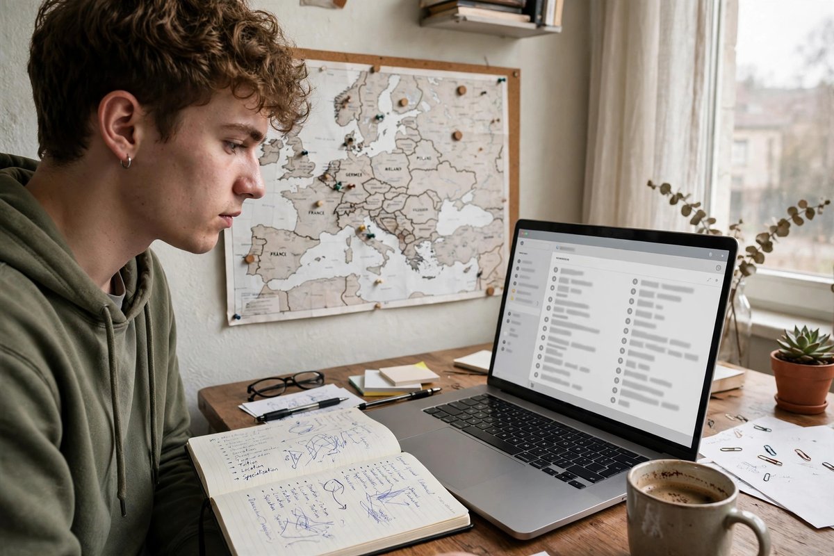 Student comparing Erasmus Mundus programmes on a laptop at home