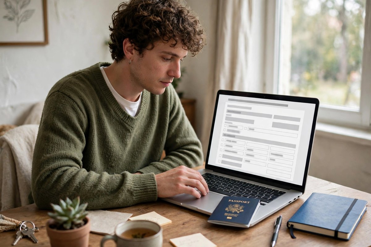 Person completing a UK visitor visa application form online on a laptop