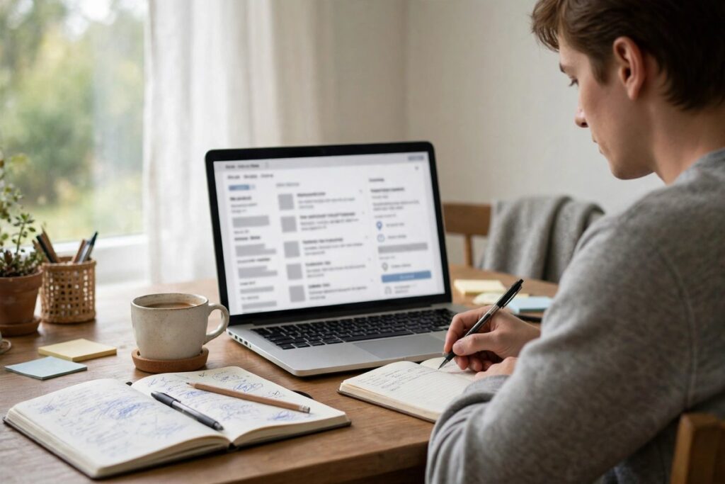 Person applying for jobs in Canada for foreigners on a laptop at home
