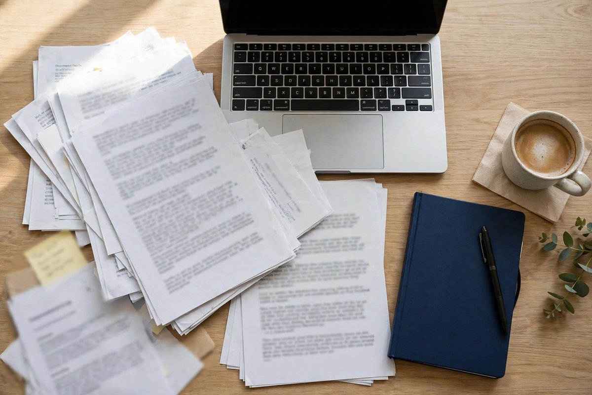 Student writing Fulbright application essays at a desk with a laptop and documents
