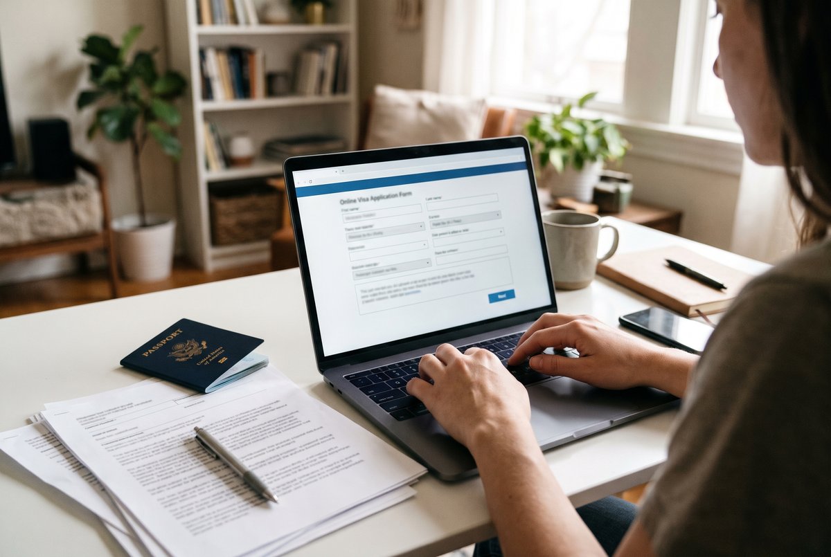 Applicant filling the DS-160 form for a USA tourist visa on a laptop at home
