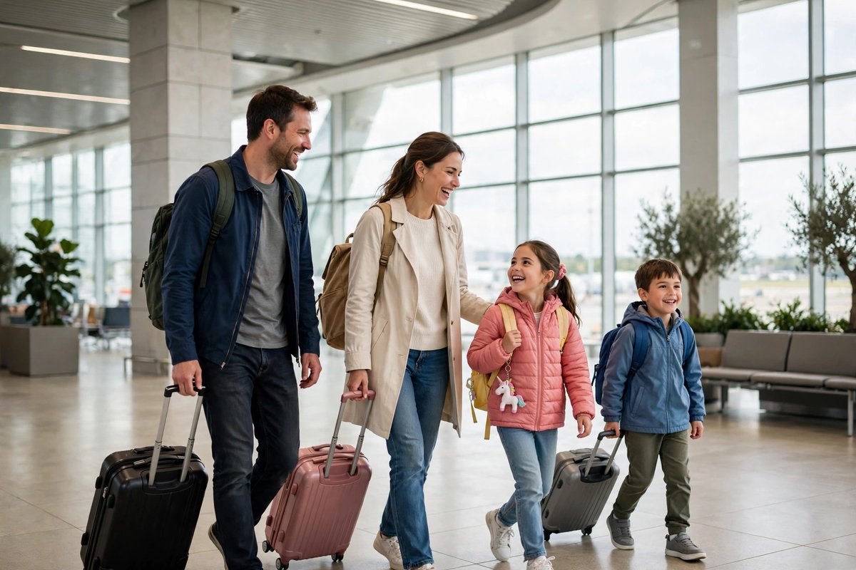 Family of travellers with suitcases arriving at a Canadian airport