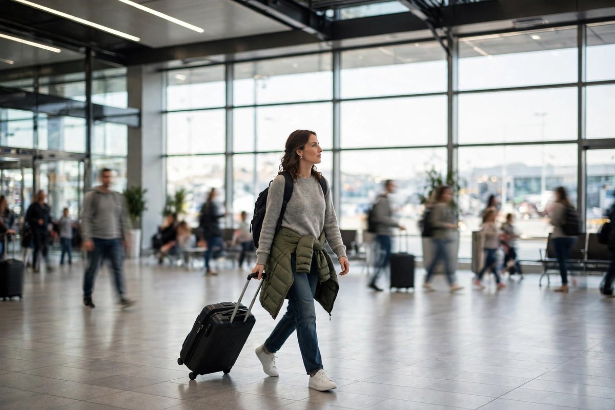 Traveller arriving at a UK airport with luggage after a UK visitor visa approval