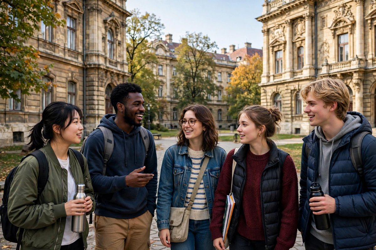 Students from different countries walking on a Hungarian university campus