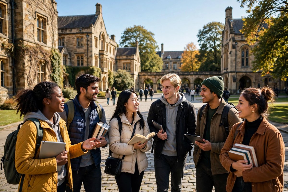 Students from different countries walking on a European university campus