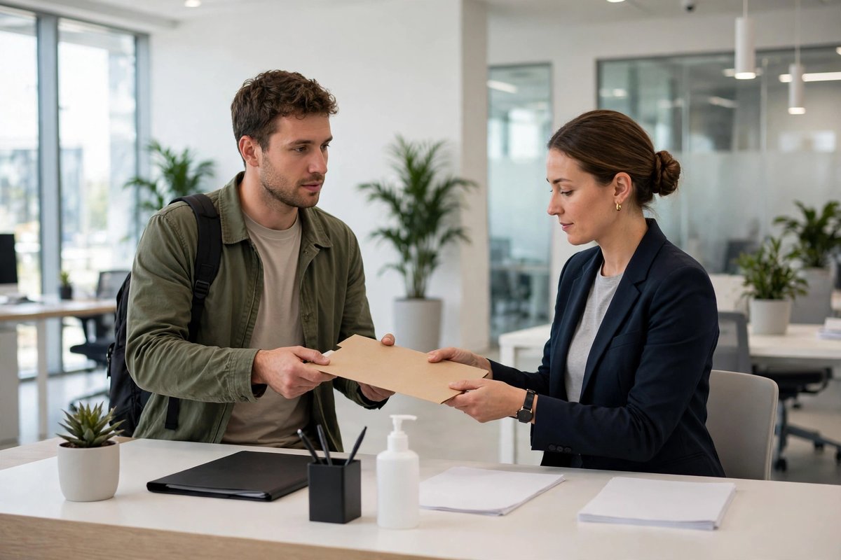 Applicant handing documents to staff at a visa application centre