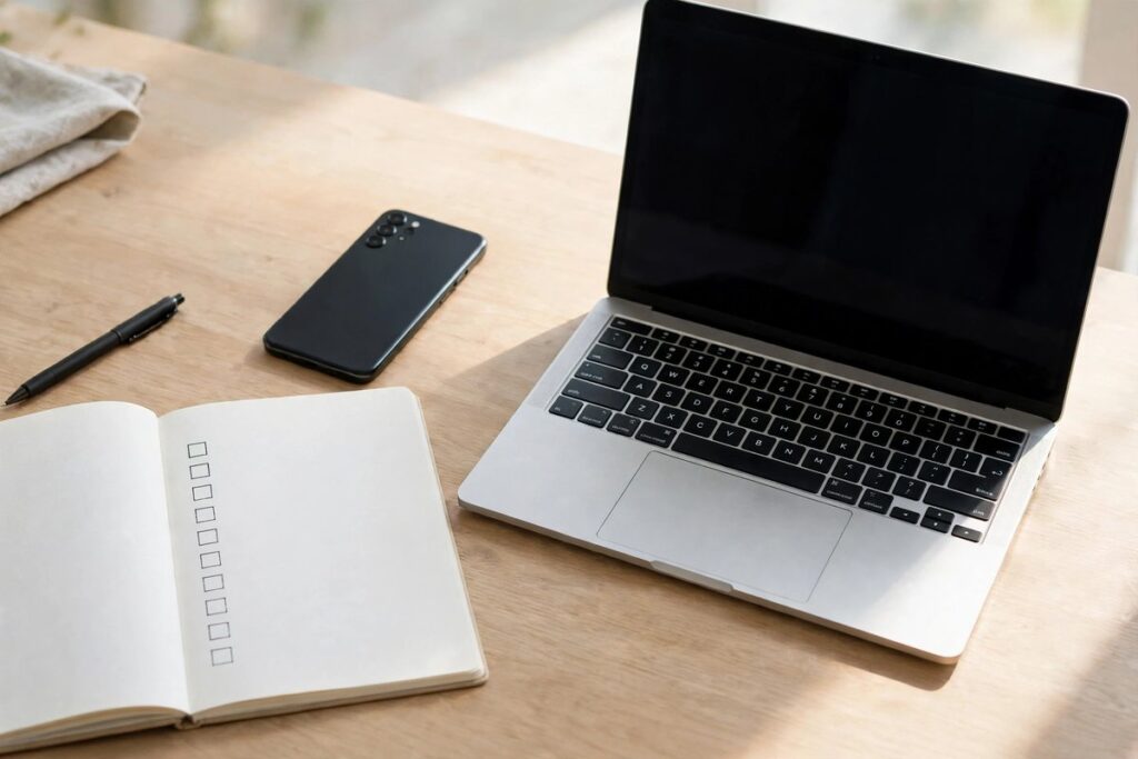 Phone and laptop with a paper checklist for daily micro tasks