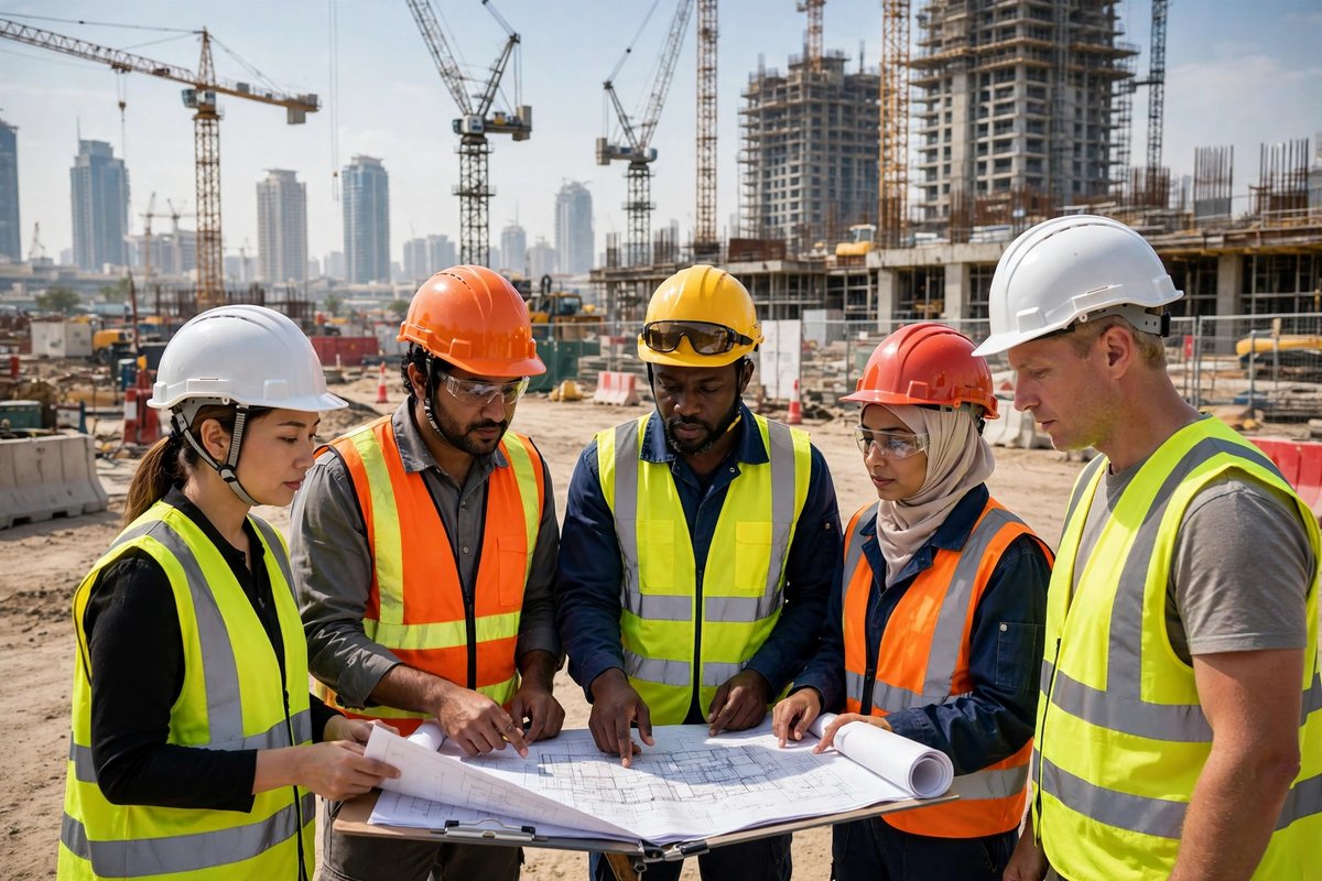 Construction and engineering team in safety gear reviewing plans at a Dubai building site