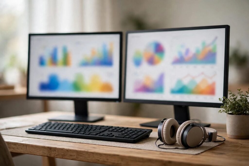 Home office desk with two monitors showing simple charts and graphs